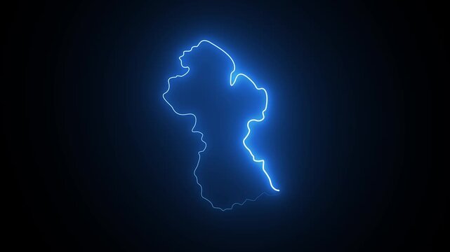 Glowing blue neon light outline map of guyana on a dark black background