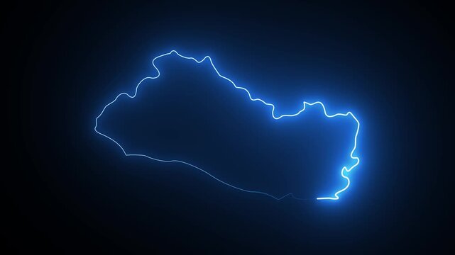 Glowing blue neon outline map of el salvador on a dark black background