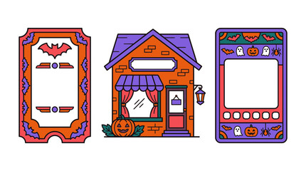Fototapeta premium Halloween vector frame and card template set with spooky house pumpkin bat ghost and spider graphic elements