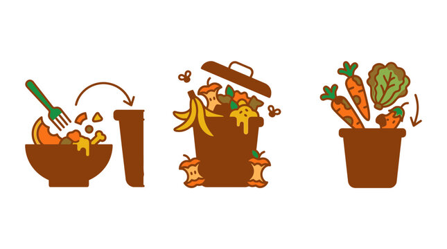 Vector illustration set of food waste icons showing organic scraps composting and trash bin disposal