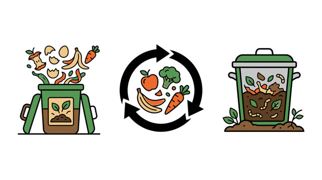 Organic waste composting vector icon set with recycling bin food scraps and compost soil process