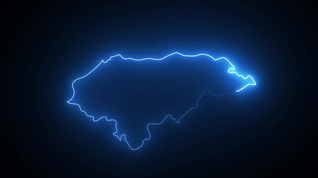 Glowing blue neon outline map of honduras on a dark black background