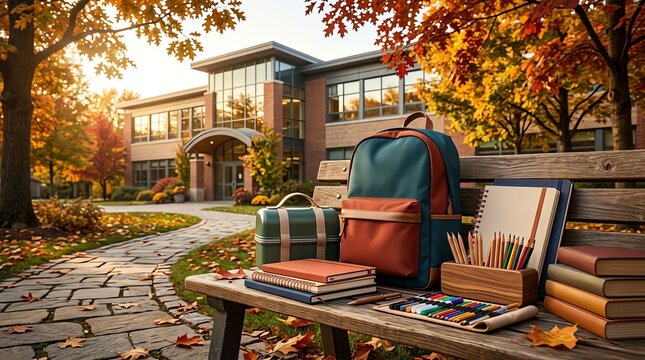 Back to school concept with a backpack and books on a wooden bench in a beautiful autumn park