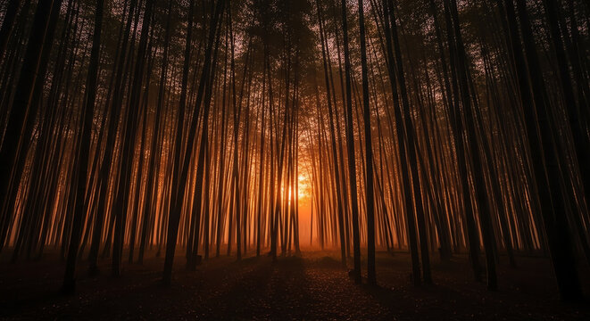 Glowing sunset light filtering through tall pine trees in a dark moody forest landscape at twilight