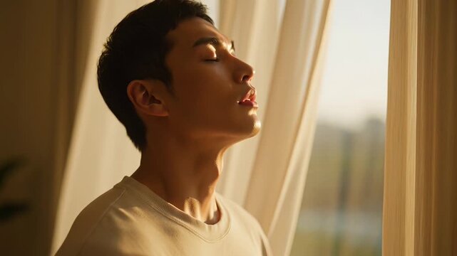 ?Man enjoying peaceful moment by sunlit window