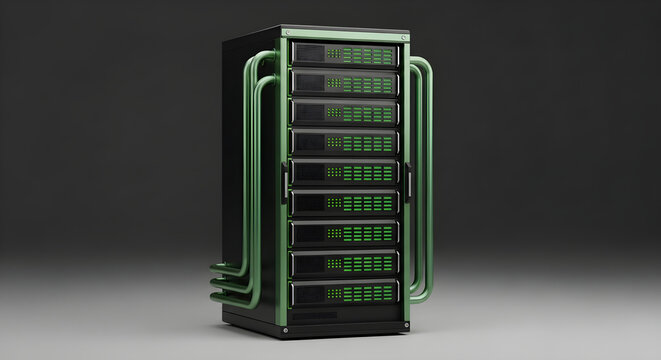 Modern Modular Server Rack with Integrated Green Liquid Cooling Pipes for High Performance Data Center Infrastructure