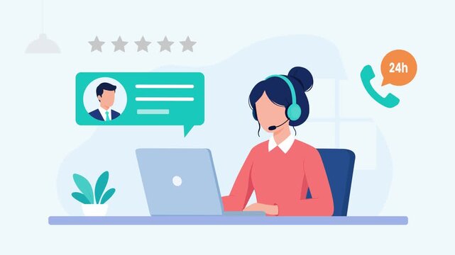 Customer support service animation with man and woman hotline operators responding to client requests, solving problems and providing technical assistance through online communication.