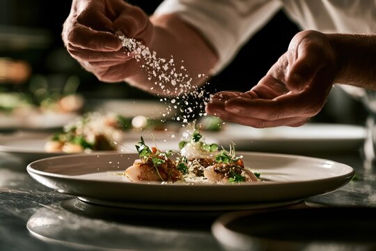 chef seasoning a gourmet dish with sea salt flakes and fresh herbs during elegant fine dining food preparation in a professional restaurant kitchen