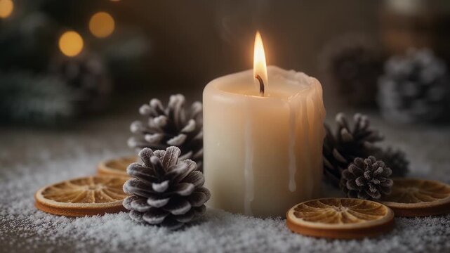 Holiday - Burning candle with pine cones and dried orange slices on snowy surface