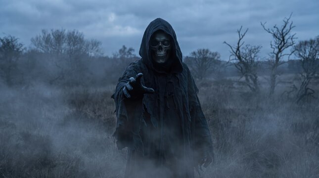 A chilling and eerie image depicts a hooded figure emerging from the fog evoking a sense of mystery and foreboding on this