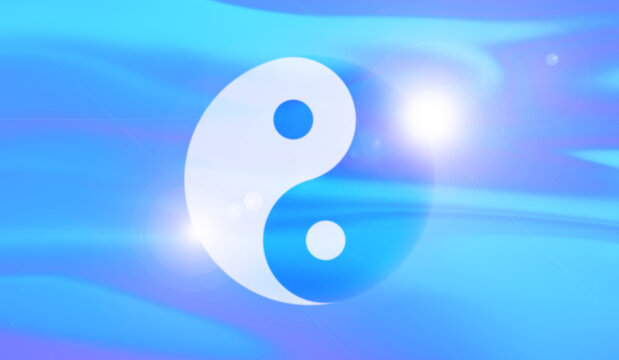 Abstract Chinese Taoism yinyang symbol on vibrant blue gradient background, glowing sunlight flare, and soft bokeh effect for digital banner cover design for wallpaper, template