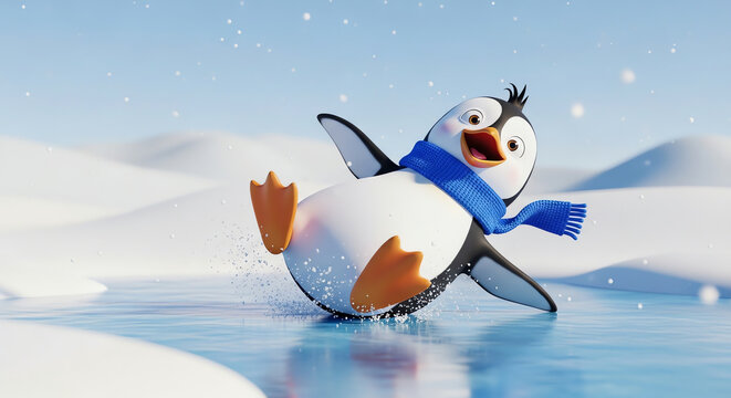 A cute cartoon penguin wearing a blue scarf slipping and falling on the ice in winter