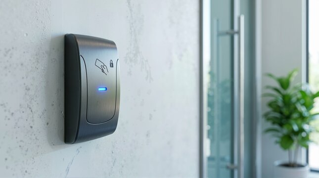 Electronic access card reader with a blue LED light mounted on an office wall. Modern RFID security system and secure building entrance