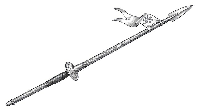 Medieval halberd weapon illustration with flag and emblem