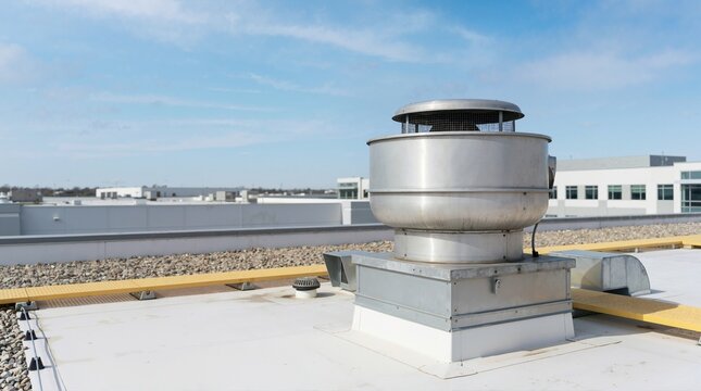 Roof mounted air ventilation cowl on a commercial building. Metal HVAC exhaust fan installed on a flat rooftop under a blue sky