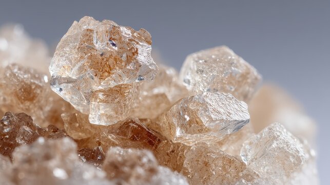 Close-up of sparkling translucent crystalline sugar cubes on a blurred background with detailed texture and natural lighting