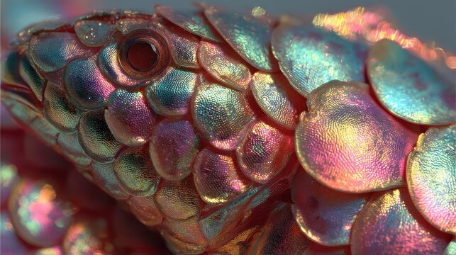 Close-up of iridescent scales on a colorful exotic fish showing detailed texture and vibrant shine