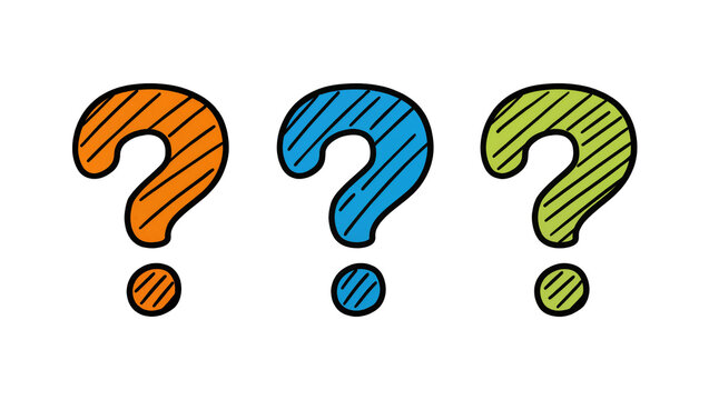 Three colorful question marks with diagonal lines, isolated on transparent background