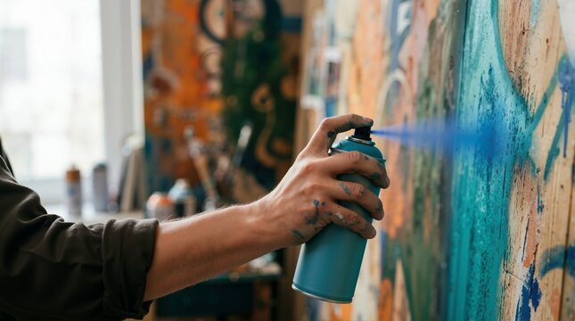 Artist hand holding a spray can and painting a wooden wall. Creative process of making urban graffiti and street art