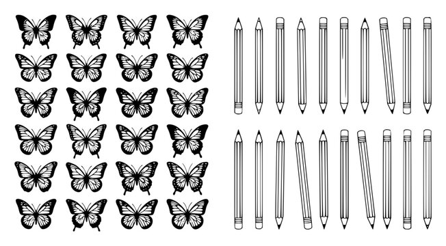 Butterfly and pencil vector illu&hellip; 202609021255 set with simple line art design featuring simple design, minimalist, black and white with illustrations and graphics