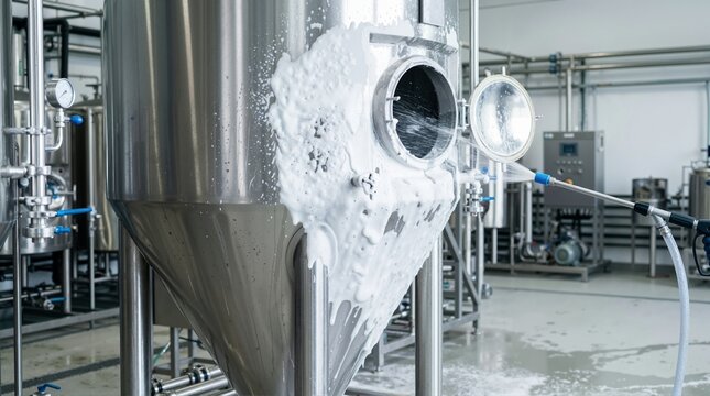 Industrial cleaning of a stainless steel beverage tank with foam spray. Washing a brewery fermenter vessel with a high-pressure hose