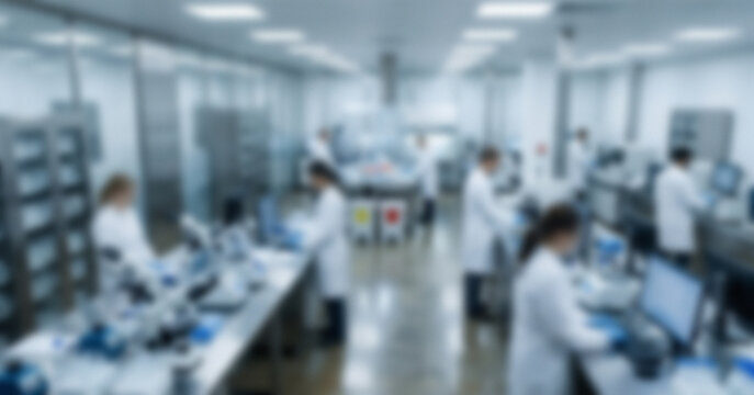 A busy laboratory environment with scientists working at multiple stations. The space is filled with scientific equipment and a collaborative atmosphere.