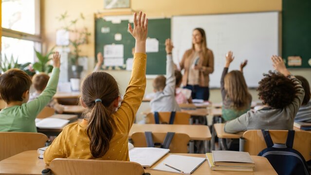 Schoolchildren sit at desks raising their hands while a female teacher stands at the front of a bright elementary classroom with whiteboard, notebooks and backpacks during a school lesson