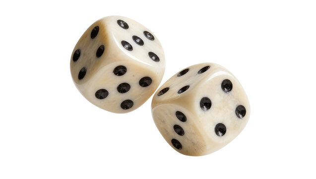 Two ivory dice with black pips tumbling, isolated on transparent background