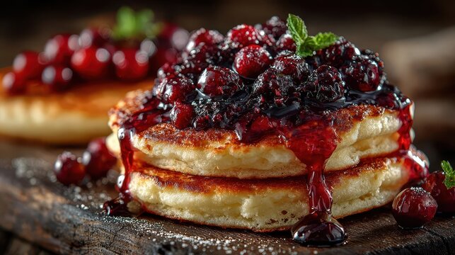 Delicious golden pancakes topped with fresh mixed berry compote and vibrant mint garnish on rustic wooden surface