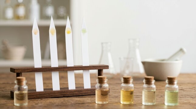 Fragrance testing paper strips in a wooden holder with essential oil samples. Perfumery blotters and glass bottles for candle making and cosmetic formulation