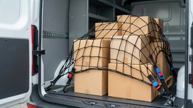 Black cargo net securing a stack of cardboard boxes inside a delivery van. Commercial transportation and safe freight logistics concept