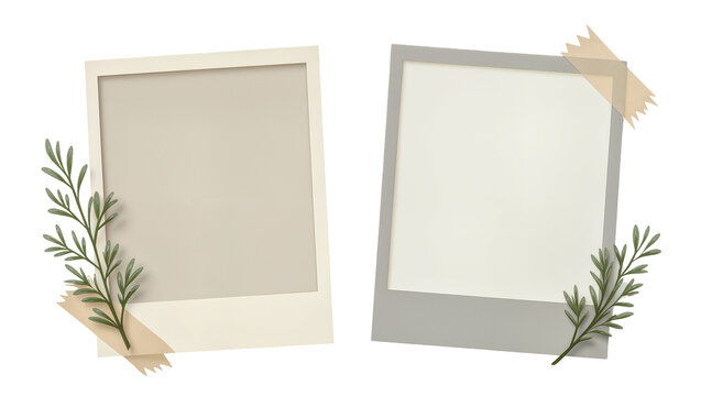 Two empty instant photo frames with green sprigs and tape, isolated on transparent background