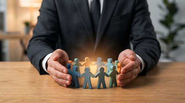 Businessman protecting a circle of wooden people figurines representing team work