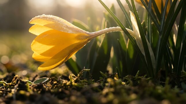 Beautiful yellow crocus flower blooming in the garden during early spring morning sunlight