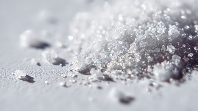 Close up of sparkling melting snowflakes glistening in sunlight on winter ground with detailed texture and icy surface