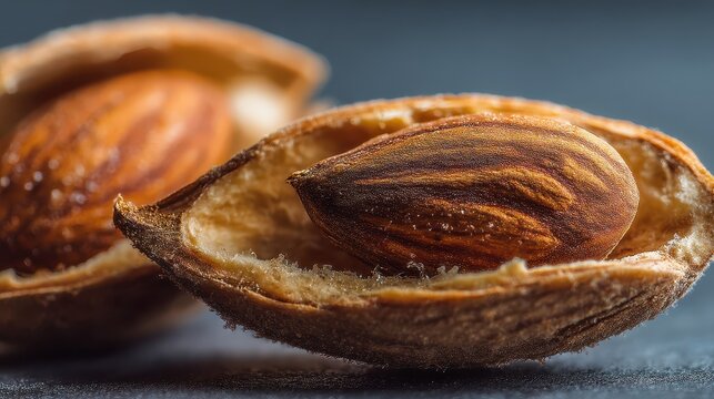 Close-up of a cracked open nut revealing a single almond inside with detailed texture