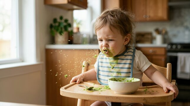 Toddler spitting out green vegetable puree in a high chair. Messy child eating baby food at home. Picky eater and feeding difficulty concept