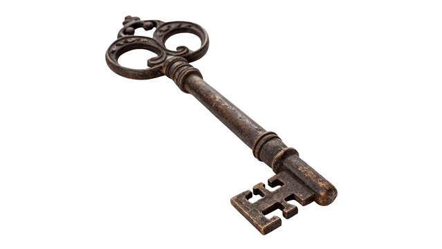 Ancient vintage ornate metal key isolated historic security lock element design
