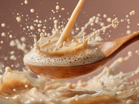 Close-up of creamy liquid splashing on a wooden spoon with droplets flying in various directions, creating a dynamic scene