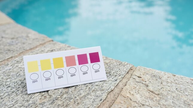 Chlorine test strip color chart on the edge of a swimming pool. Water quality testing and chemical balance concept