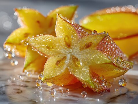 Fresh star fruit slices with water droplets on a reflective surface showcasing vibrant yellow and green colors