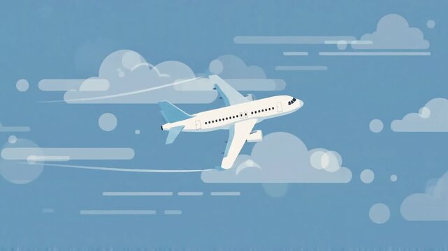 Airplane Flying Through Clouds in Blue Sky Flat Motion Graphic Animation
