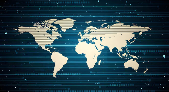 Global Digital Technology Network Map Illustration Featuring Abstract Connectivity and Data Flow Patterns for Modern Business Communication Systems