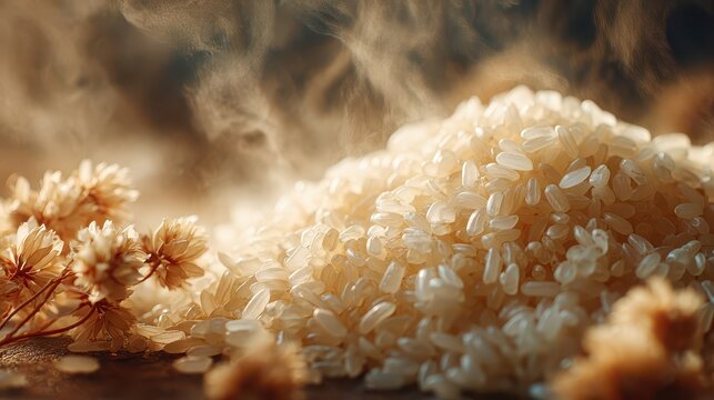 Close-up of white rice grains with steam rising on a rustic wooden surface surrounded by dried flowers for cooking or food preparation