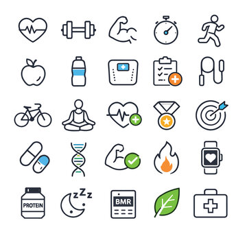 Flat icons set of health fitness and wellness symbols for design and lifestyle themes