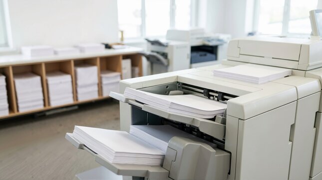 Commercial collating machine sorting stacks of white paper sheets. Automated document production equipment in a modern print shop. High volume printing and publishing concept