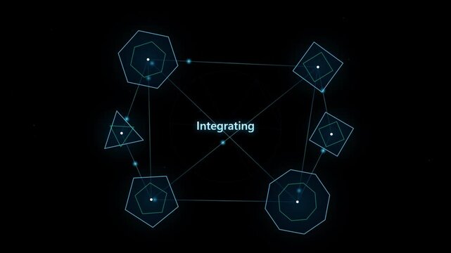 Modern geometric network illustration showing interconnected polygons with central integration concept