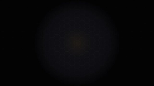 Motion graphics animation featuring a seamless loop of rotating hexagonal honeycomb geometry on dark modern background with neon glow for broadcast commercial