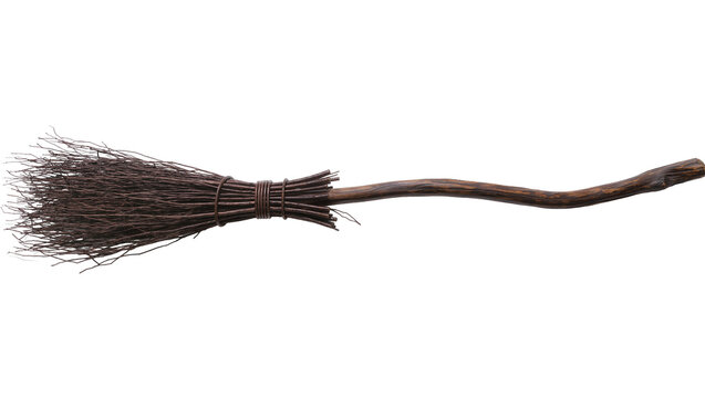 Rustic twig broom with natural wood handle, isolated on transparent background