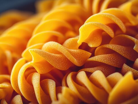 Close-up of vibrant uncooked yellow fusilli pasta with textured spiral shapes for cooking and food presentation